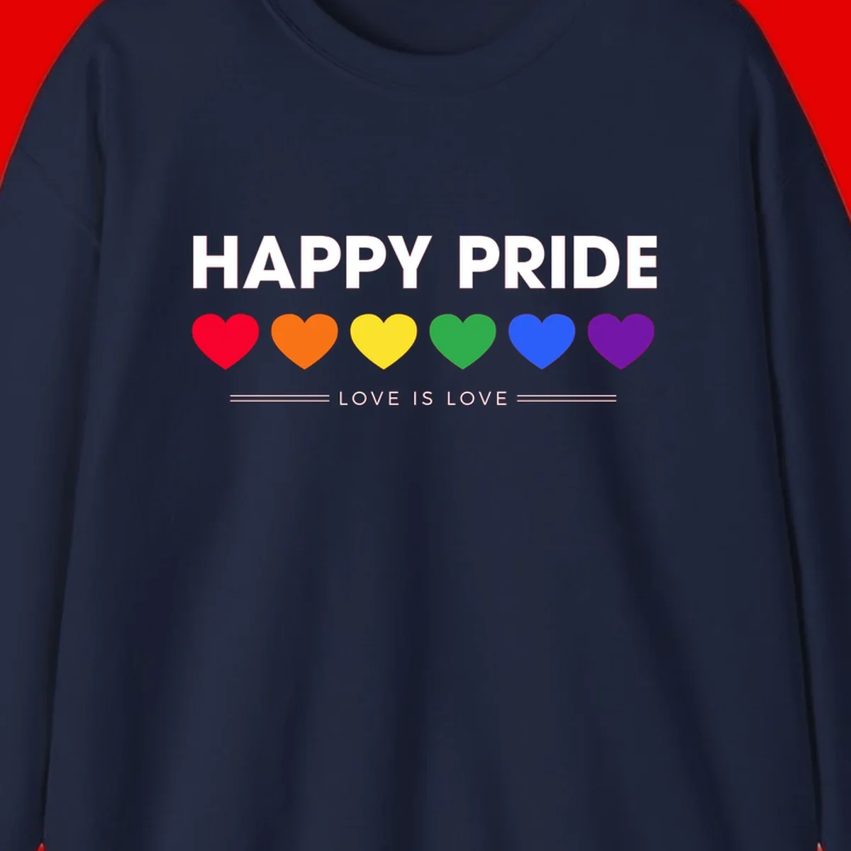 Love is love pride design with six colorful rainbow hearts and celebratory text on gray background