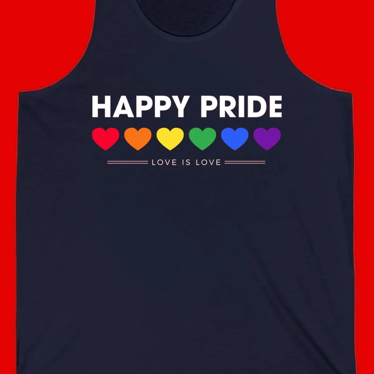 Love is love pride design with six colorful rainbow hearts and celebratory text on gray background