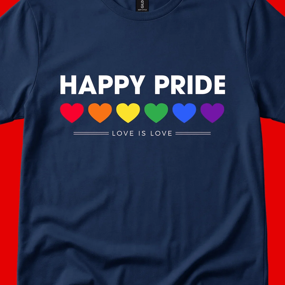Love is love pride design with six colorful rainbow hearts and celebratory text on gray background