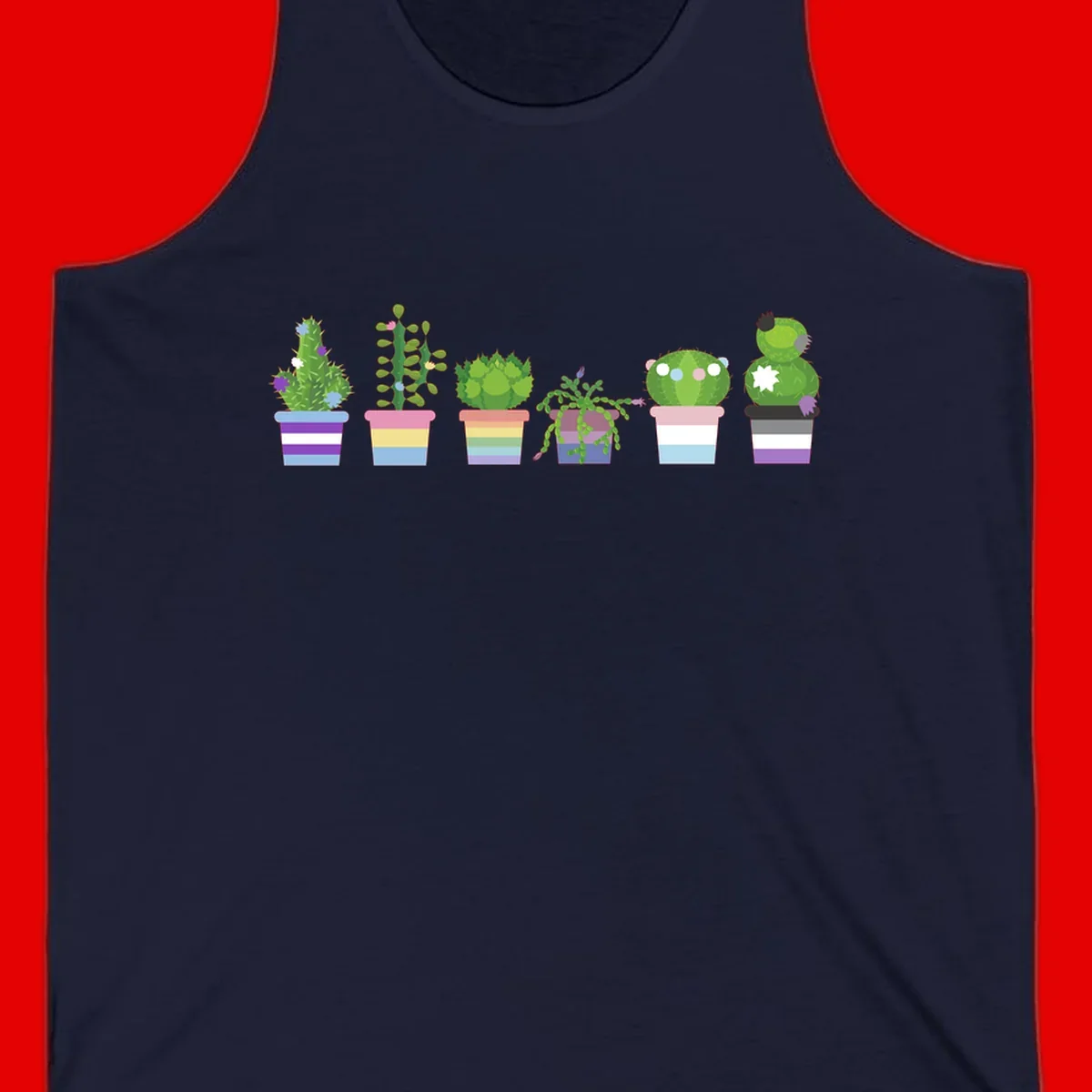 Six colorful potted cacti and succulents with rainbow-striped planters and delicate flowers in a cheerful garden arrangement