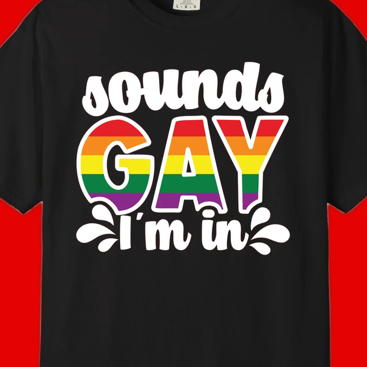 Proud gay I'm in design with rainbow pride flag stripes filling large bold letters and white decorative flourishes