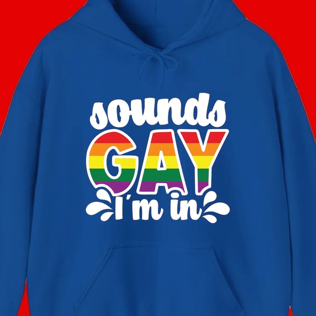 Proud gay I'm in design with rainbow pride flag stripes filling large bold letters and white decorative flourishes