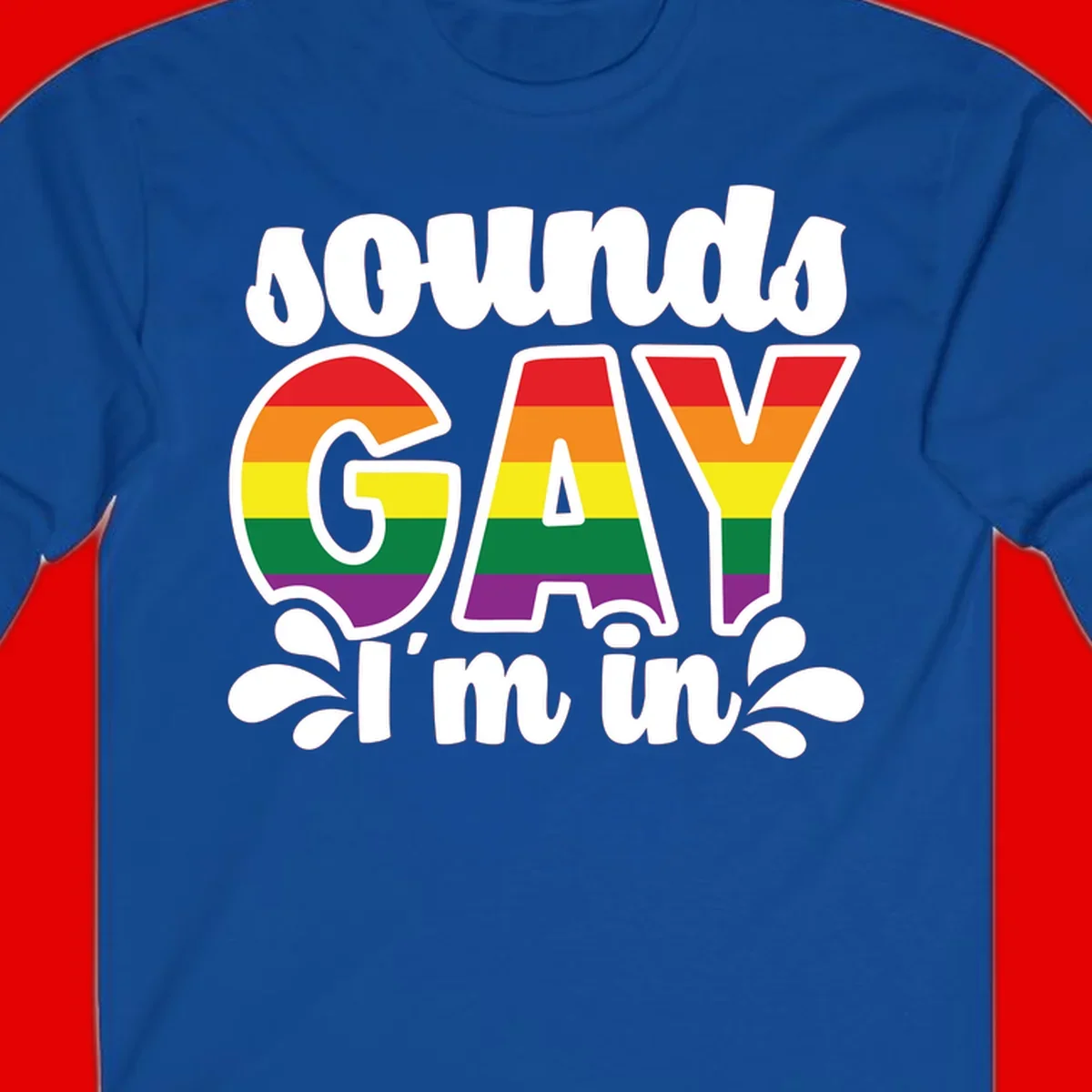 Proud gay I'm in design with rainbow pride flag stripes filling large bold letters and white decorative flourishes