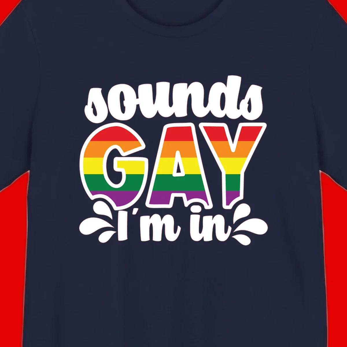 Proud gay I'm in design with rainbow pride flag stripes filling large bold letters and white decorative flourishes