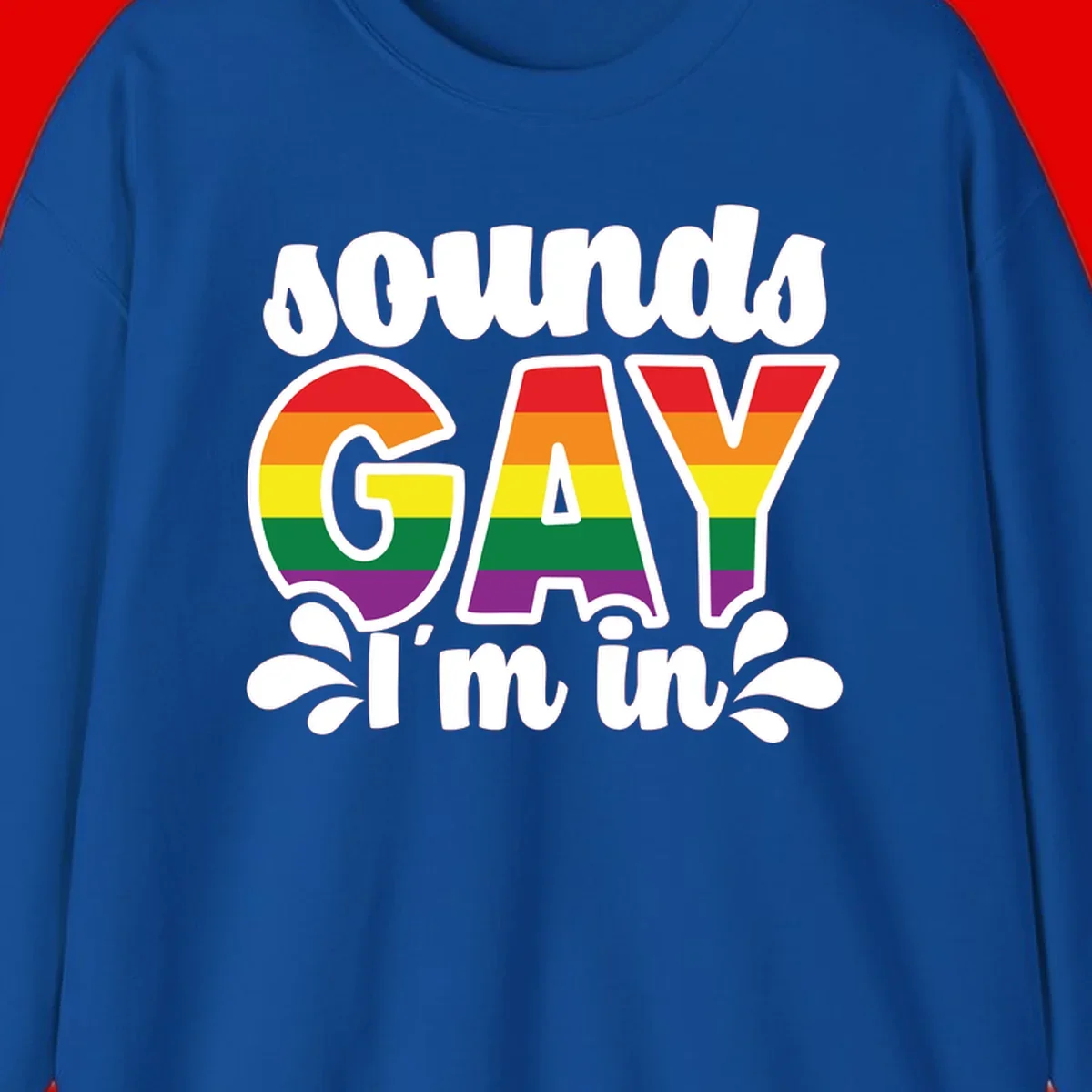 Proud gay I'm in design with rainbow pride flag stripes filling large bold letters and white decorative flourishes