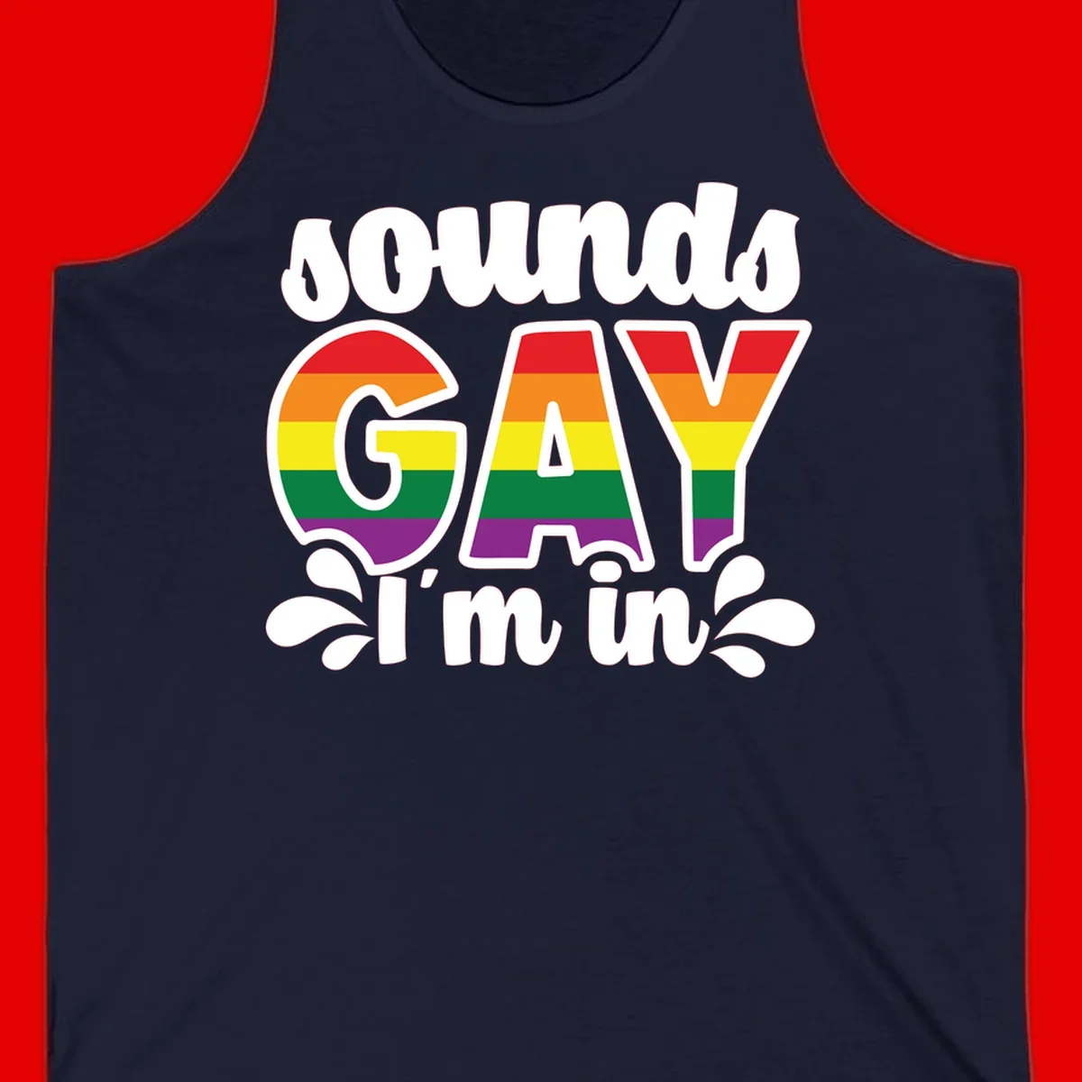 Proud gay I'm in design with rainbow pride flag stripes filling large bold letters and white decorative flourishes