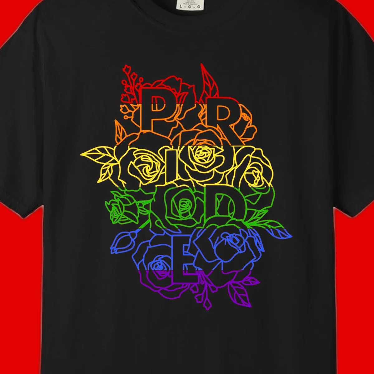Pride rainbow floral design with roses and botanical leaves in red, orange, yellow, green, blue, and purple surrounding the word PRIDE