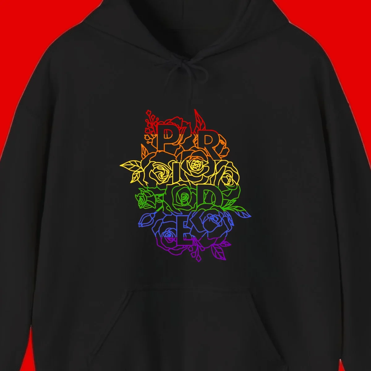 Pride rainbow floral design with roses and botanical leaves in red, orange, yellow, green, blue, and purple surrounding the word PRIDE