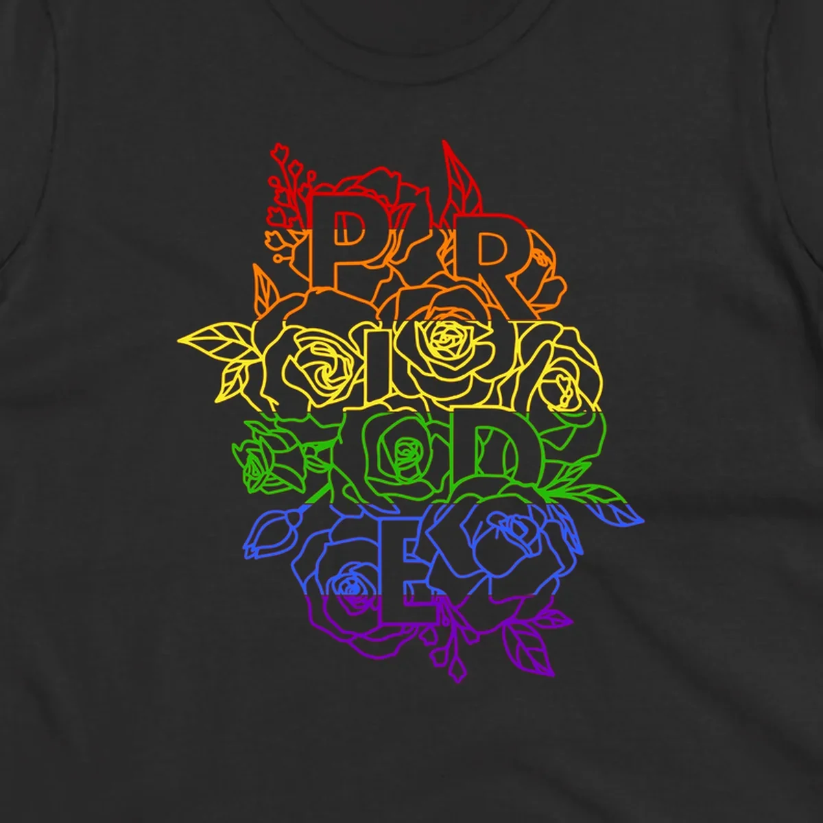 Pride rainbow floral design with roses and botanical leaves in red, orange, yellow, green, blue, and purple surrounding the word PRIDE