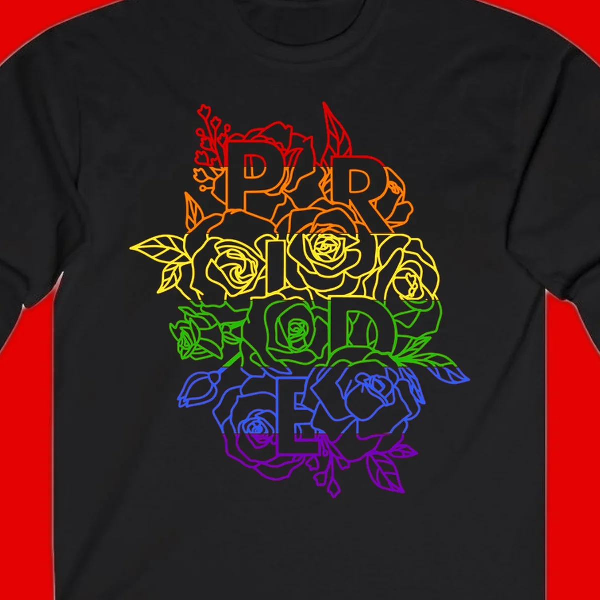 Pride rainbow floral design with roses and botanical leaves in red, orange, yellow, green, blue, and purple surrounding the word PRIDE