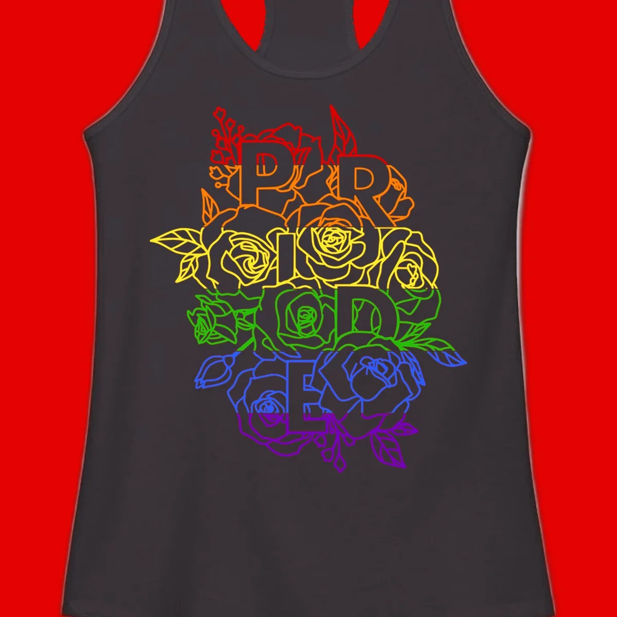 Pride rainbow floral design with roses and botanical leaves in red, orange, yellow, green, blue, and purple surrounding the word PRIDE