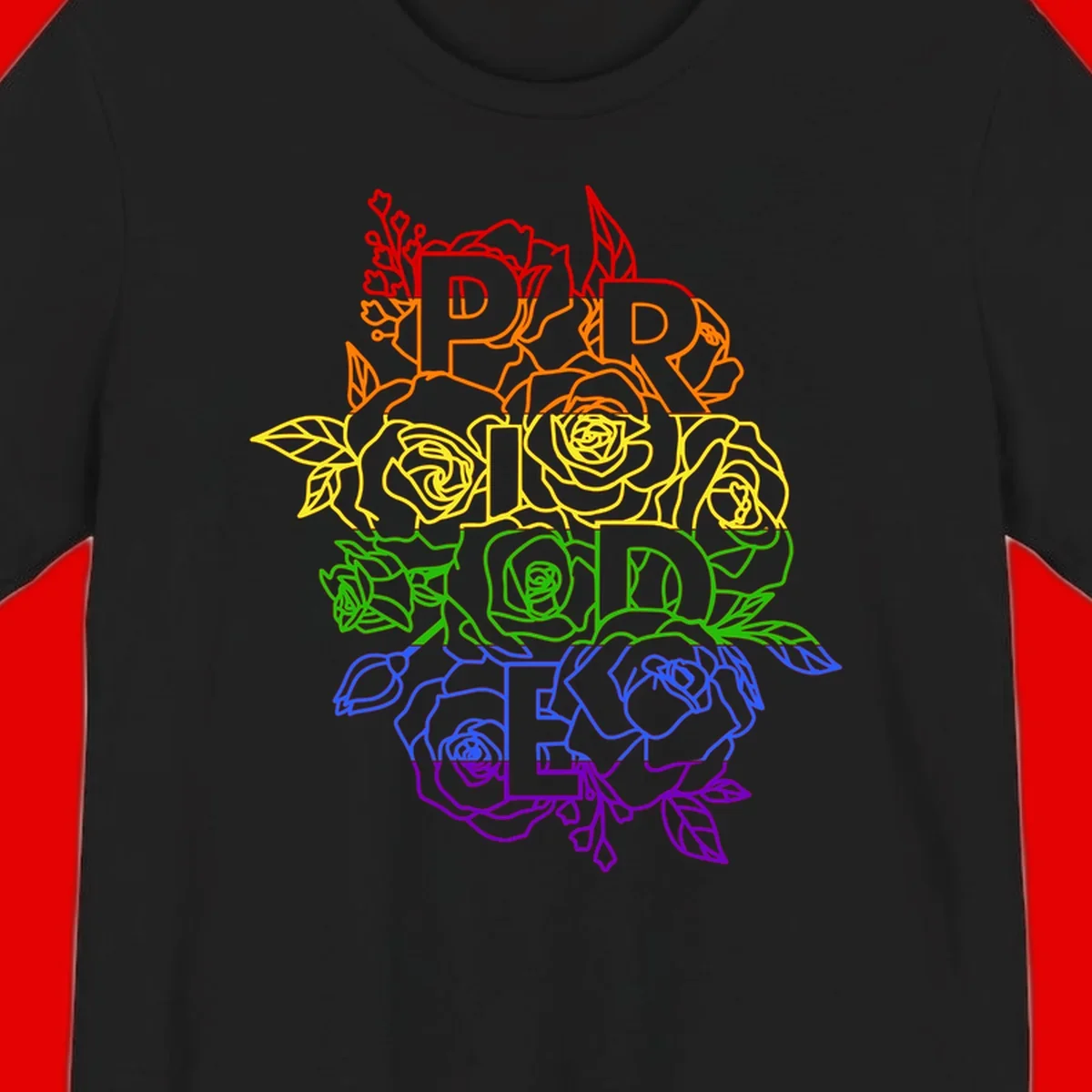 Pride rainbow floral design with roses and botanical leaves in red, orange, yellow, green, blue, and purple surrounding the word PRIDE