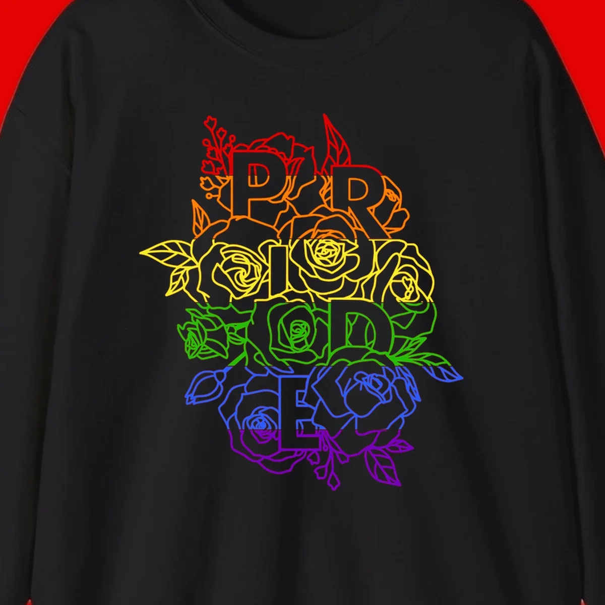 Pride rainbow floral design with roses and botanical leaves in red, orange, yellow, green, blue, and purple surrounding the word PRIDE
