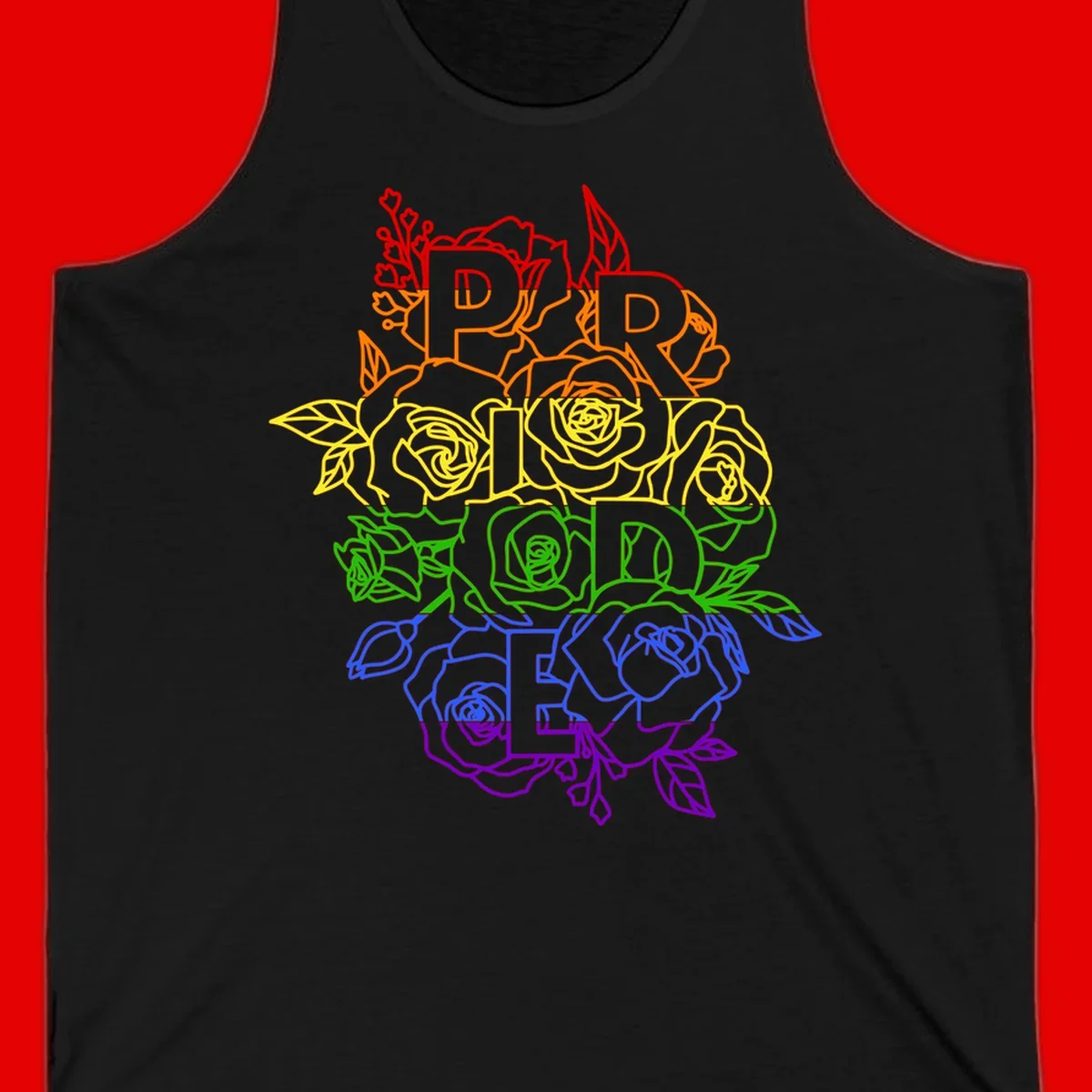 Pride rainbow floral design with roses and botanical leaves in red, orange, yellow, green, blue, and purple surrounding the word PRIDE