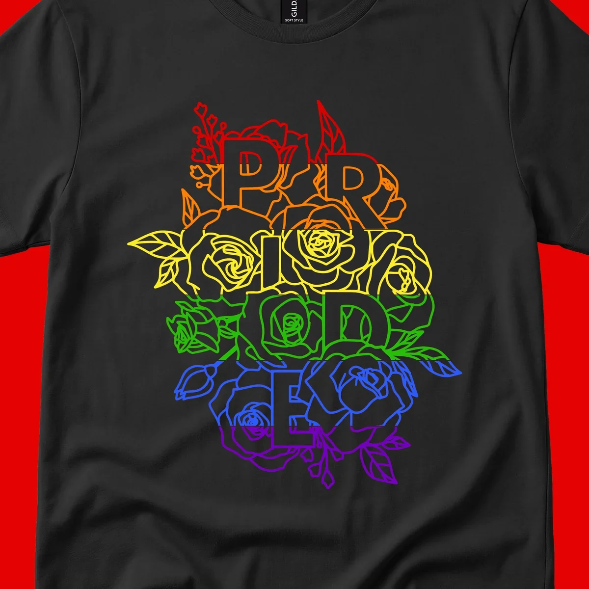 Pride rainbow floral design with roses and botanical leaves in red, orange, yellow, green, blue, and purple surrounding the word PRIDE