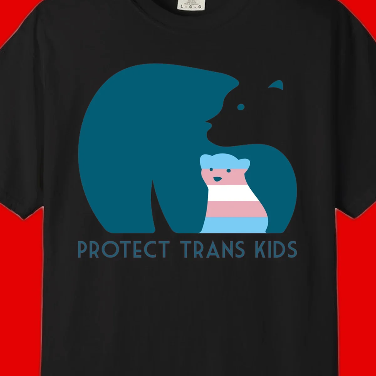 Large teal bear protecting small striped cub with 'PROTECT TRANS KIDS' text below in protect-trans-kids-bear design
