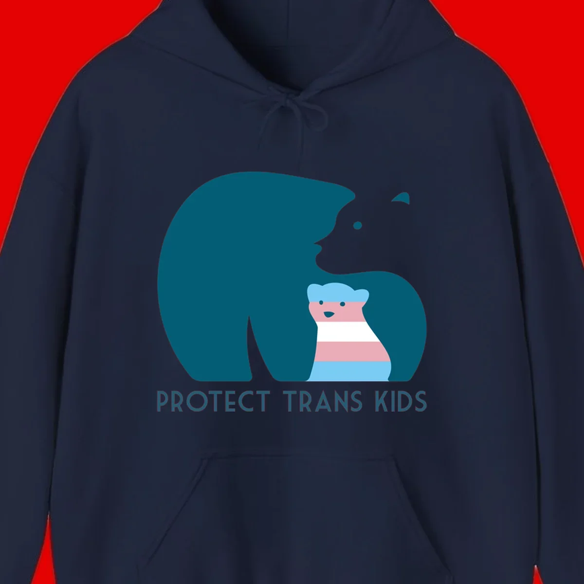 Large teal bear protecting small striped cub with 'PROTECT TRANS KIDS' text below in protect-trans-kids-bear design