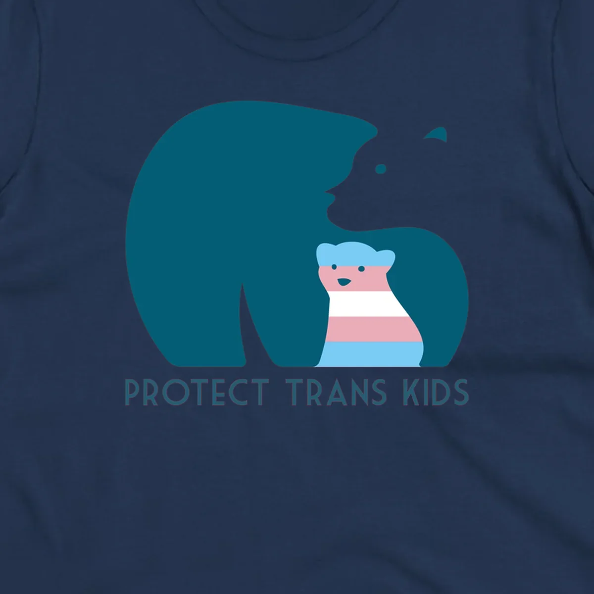 Large teal bear protecting small striped cub with 'PROTECT TRANS KIDS' text below in protect-trans-kids-bear design