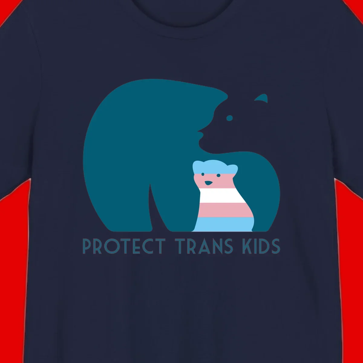 Large teal bear protecting small striped cub with 'PROTECT TRANS KIDS' text below in protect-trans-kids-bear design