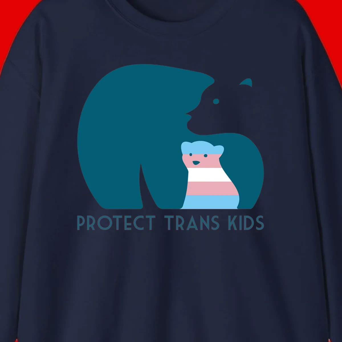 Large teal bear protecting small striped cub with 'PROTECT TRANS KIDS' text below in protect-trans-kids-bear design