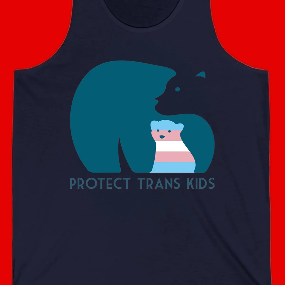 Large teal bear protecting small striped cub with 'PROTECT TRANS KIDS' text below in protect-trans-kids-bear design