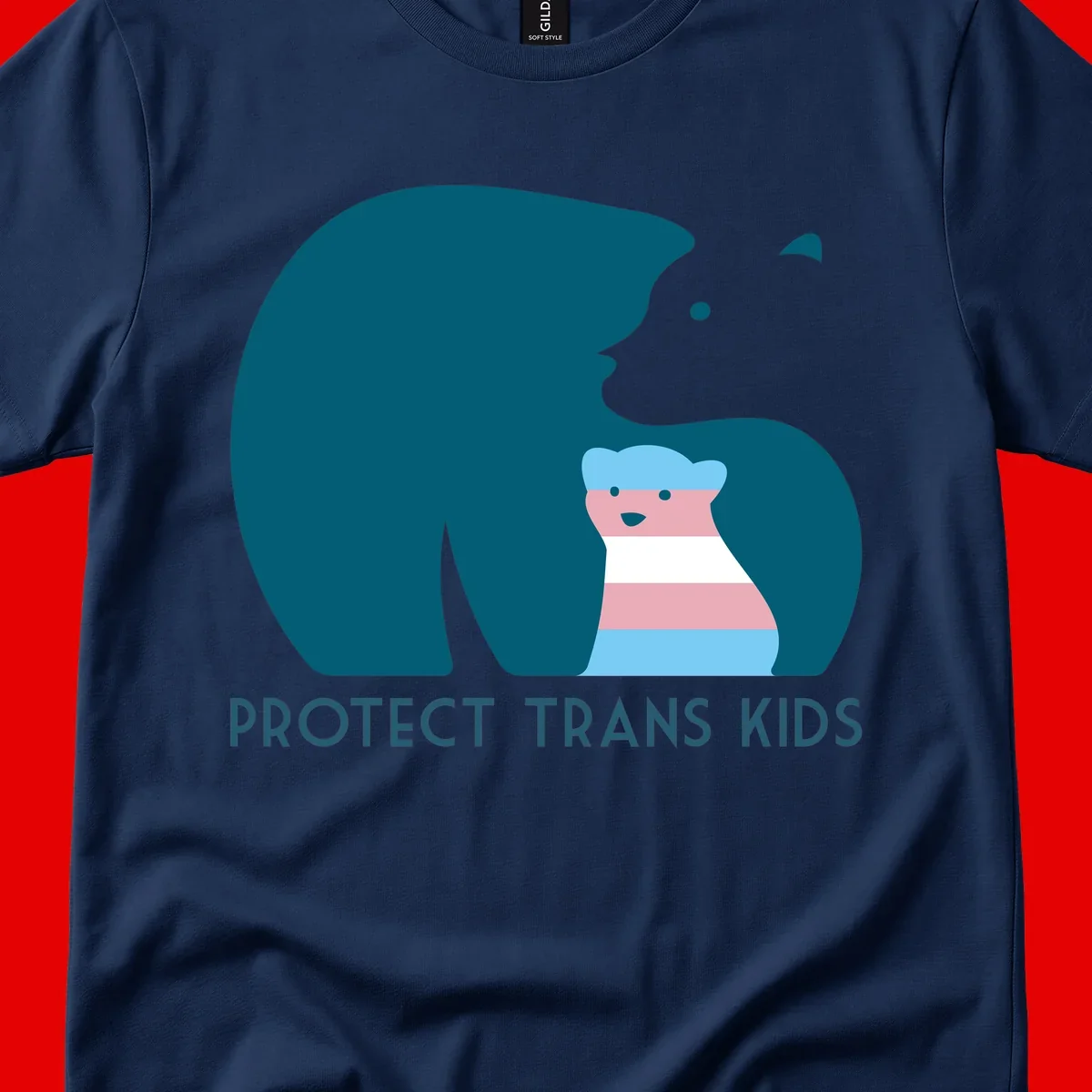 Large teal bear protecting small striped cub with 'PROTECT TRANS KIDS' text below in protect-trans-kids-bear design