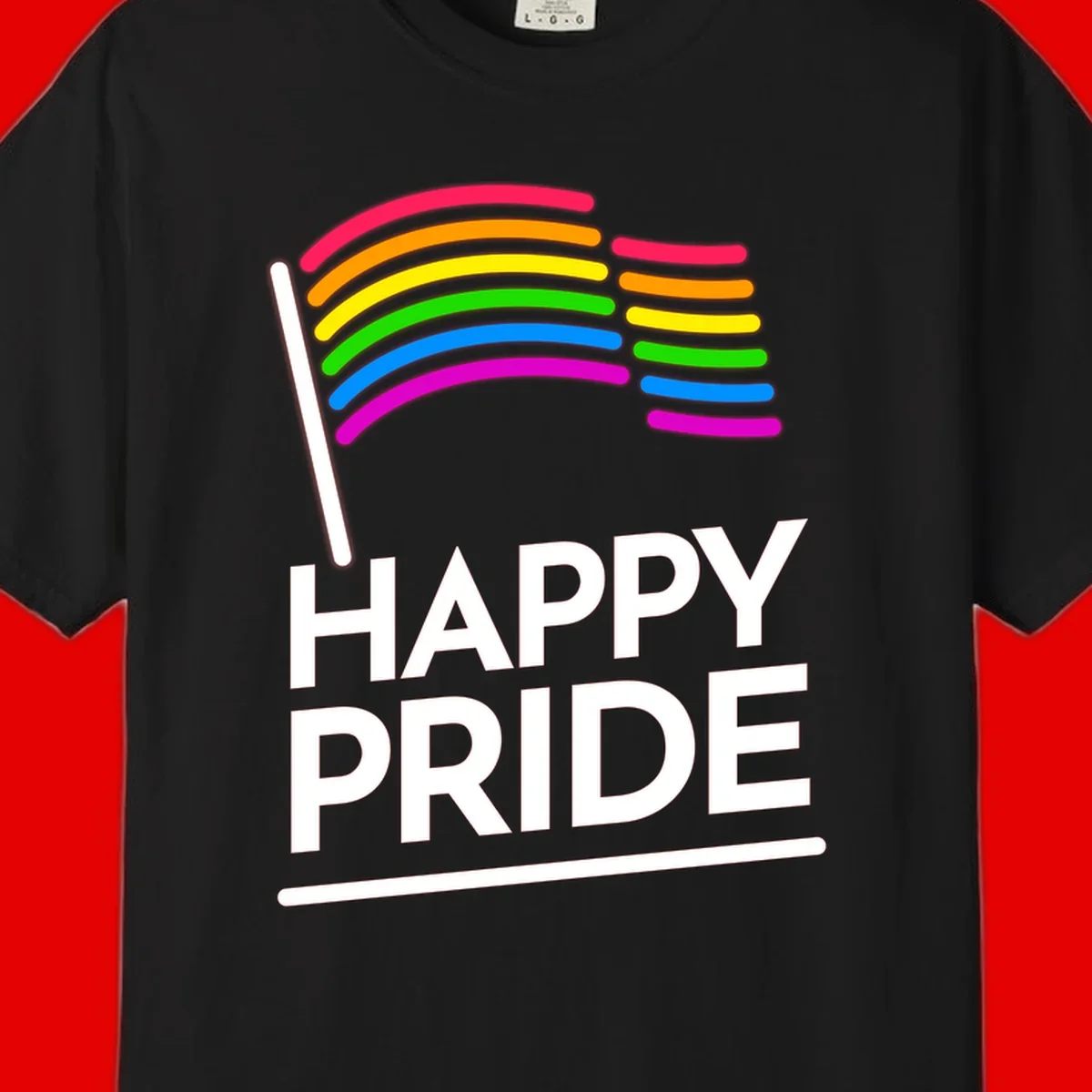 Happy Pride rainbow flag design with seven curved colored stripes waving from a flagpole and white text reading HAPPY PRIDE
