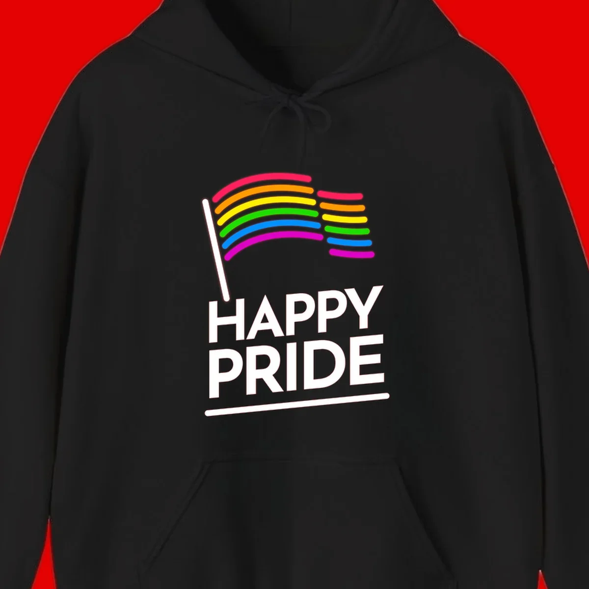 Happy Pride rainbow flag design with seven curved colored stripes waving from a flagpole and white text reading HAPPY PRIDE