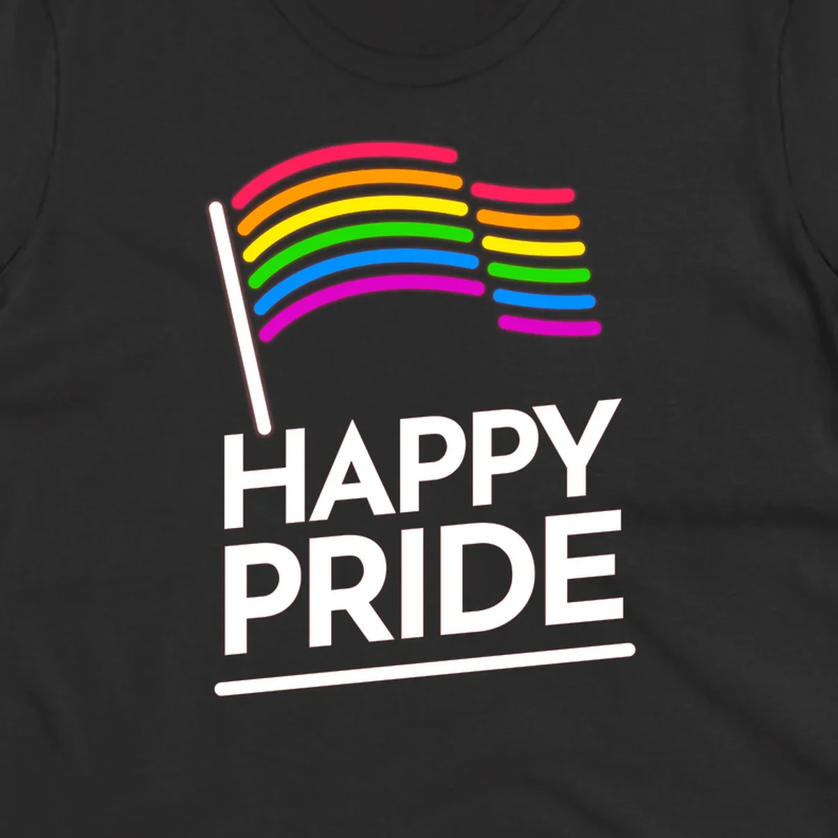 Happy Pride rainbow flag design with seven curved colored stripes waving from a flagpole and white text reading HAPPY PRIDE