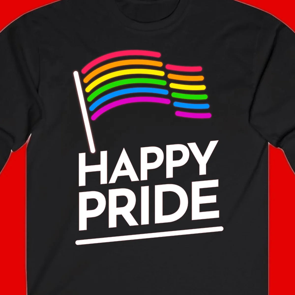 Happy Pride rainbow flag design with seven curved colored stripes waving from a flagpole and white text reading HAPPY PRIDE