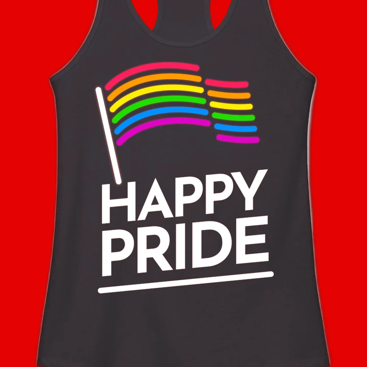 Happy Pride rainbow flag design with seven curved colored stripes waving from a flagpole and white text reading HAPPY PRIDE