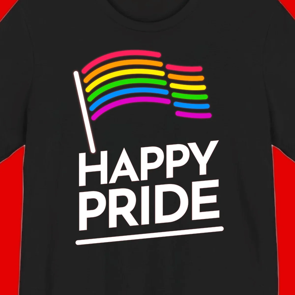 Happy Pride rainbow flag design with seven curved colored stripes waving from a flagpole and white text reading HAPPY PRIDE