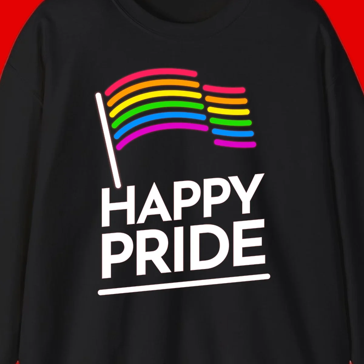 Happy Pride rainbow flag design with seven curved colored stripes waving from a flagpole and white text reading HAPPY PRIDE