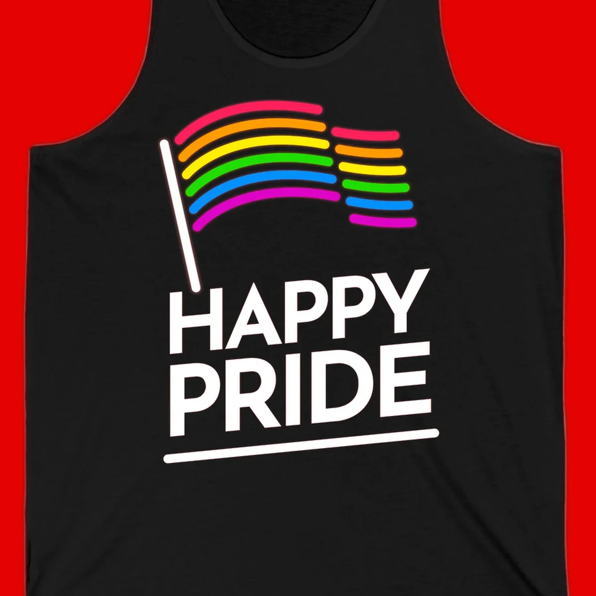 Happy Pride rainbow flag design with seven curved colored stripes waving from a flagpole and white text reading HAPPY PRIDE