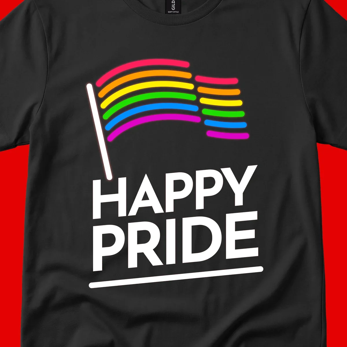 Happy Pride rainbow flag design with seven curved colored stripes waving from a flagpole and white text reading HAPPY PRIDE
