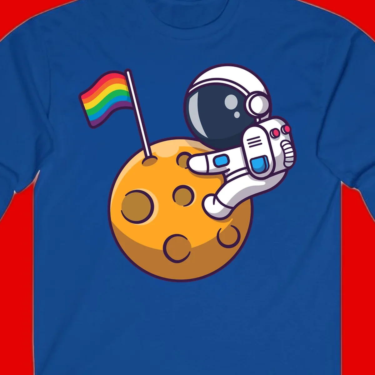 Cartoon astronaut in white space suit holding rainbow pride flag on golden moon surface with craters