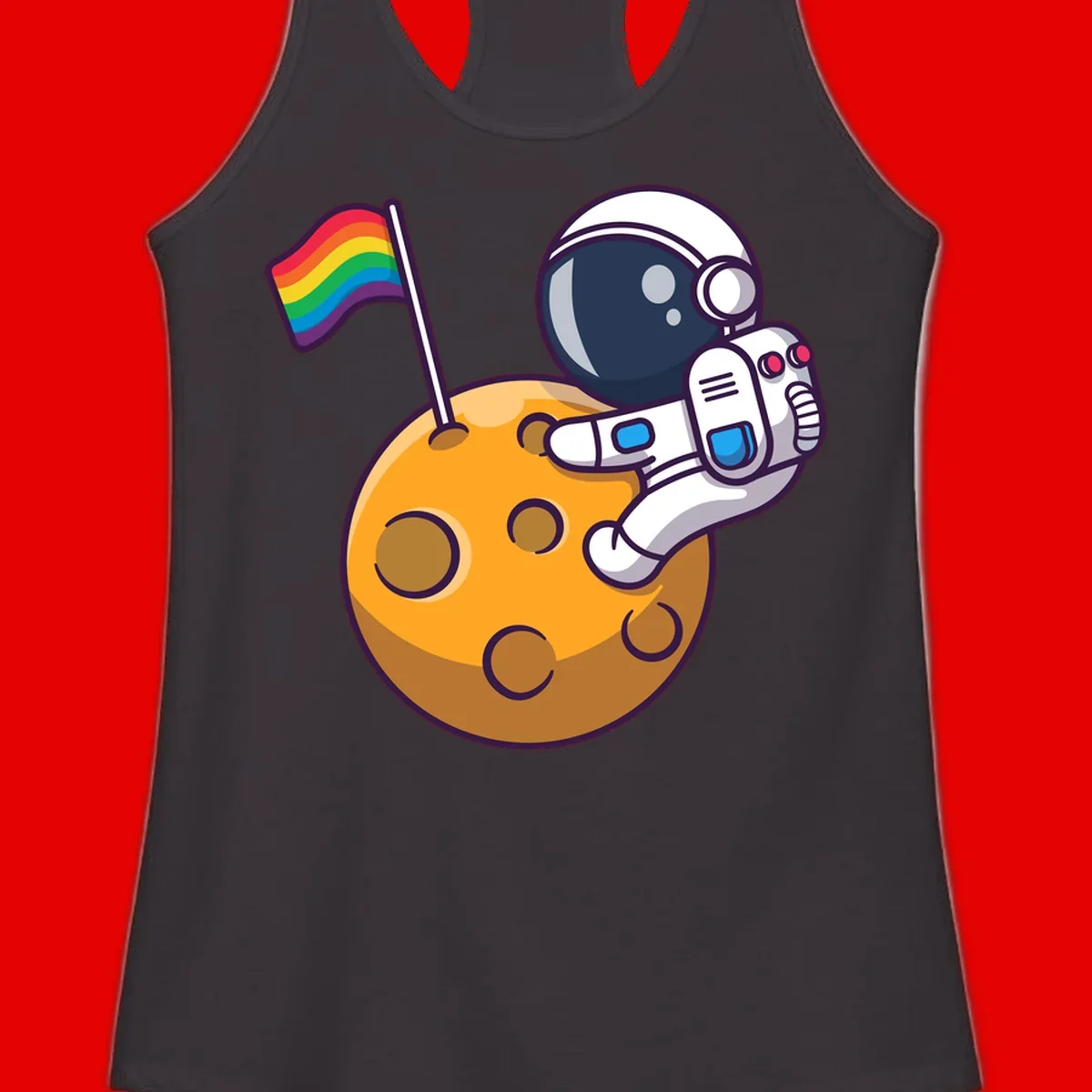 Cartoon astronaut in white space suit holding rainbow pride flag on golden moon surface with craters