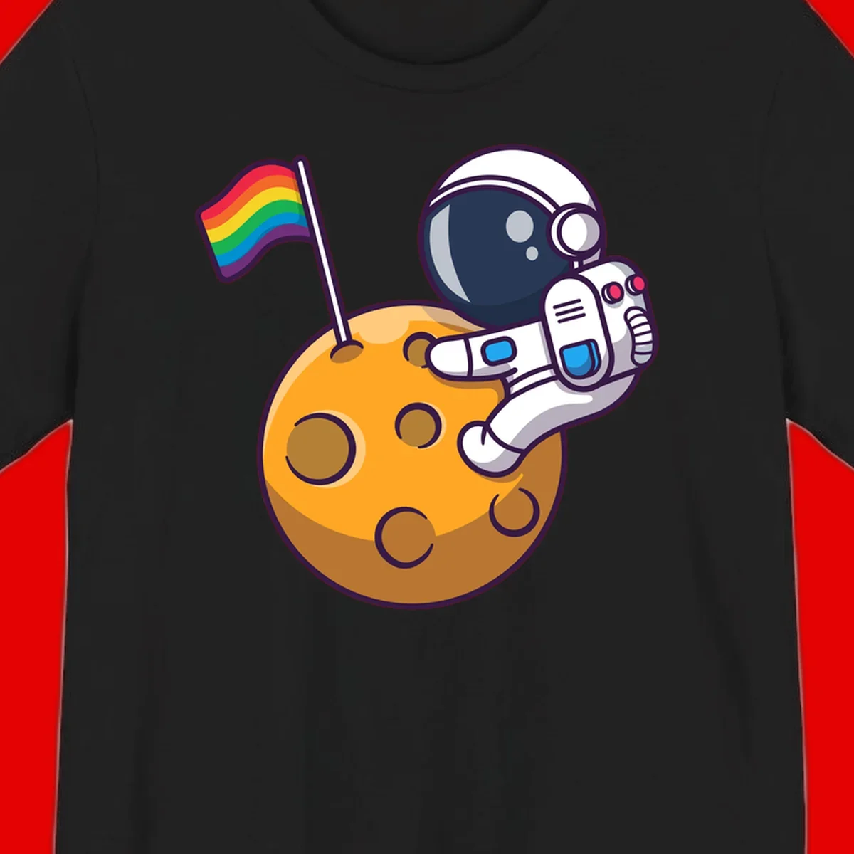 Cartoon astronaut in white space suit holding rainbow pride flag on golden moon surface with craters