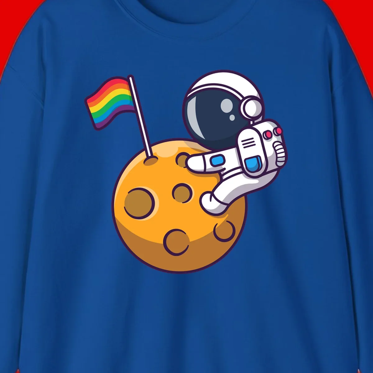 Cartoon astronaut in white space suit holding rainbow pride flag on golden moon surface with craters