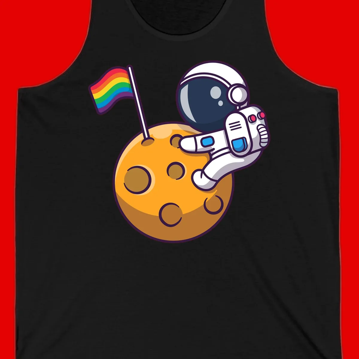 Cartoon astronaut in white space suit holding rainbow pride flag on golden moon surface with craters