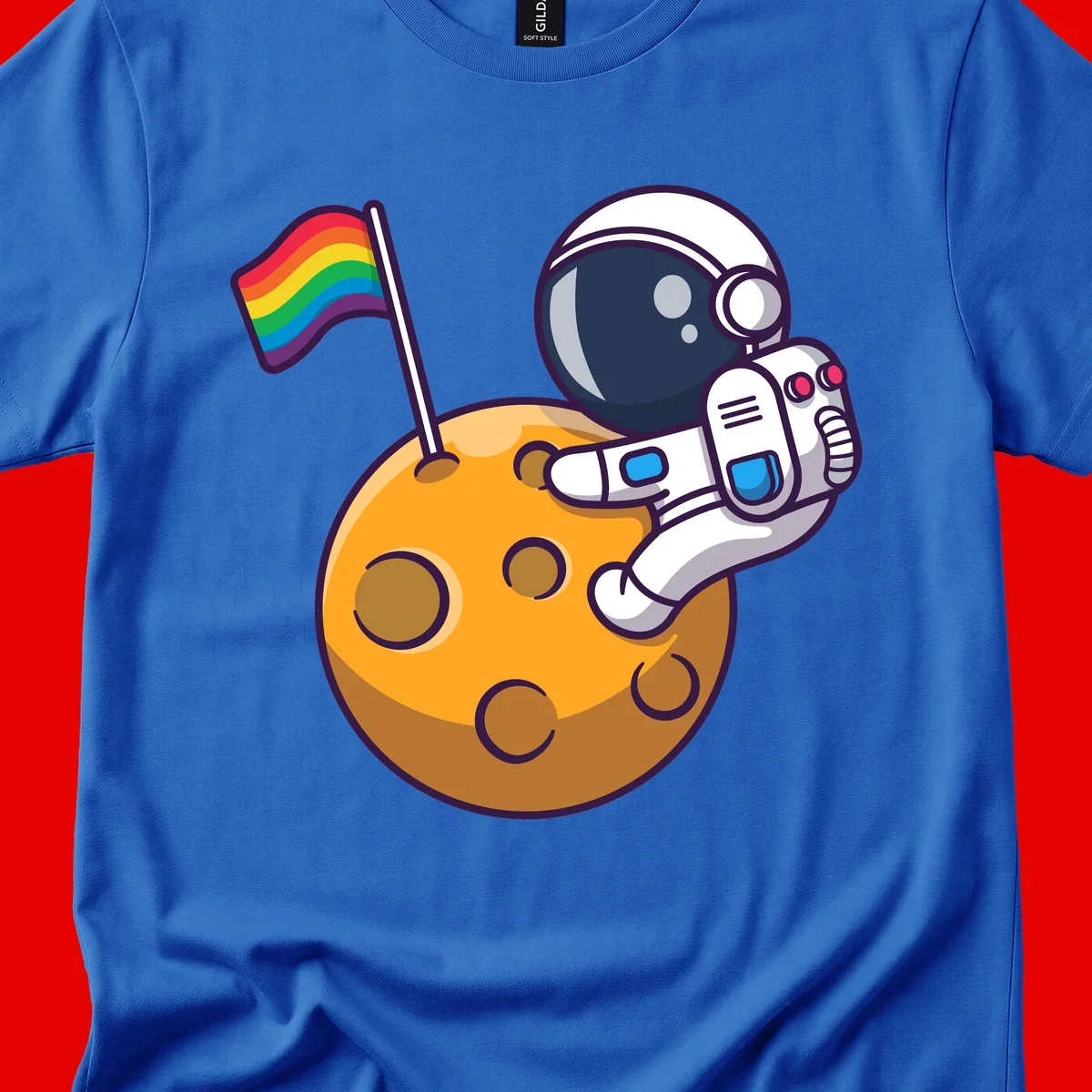 Cartoon astronaut in white space suit holding rainbow pride flag on golden moon surface with craters