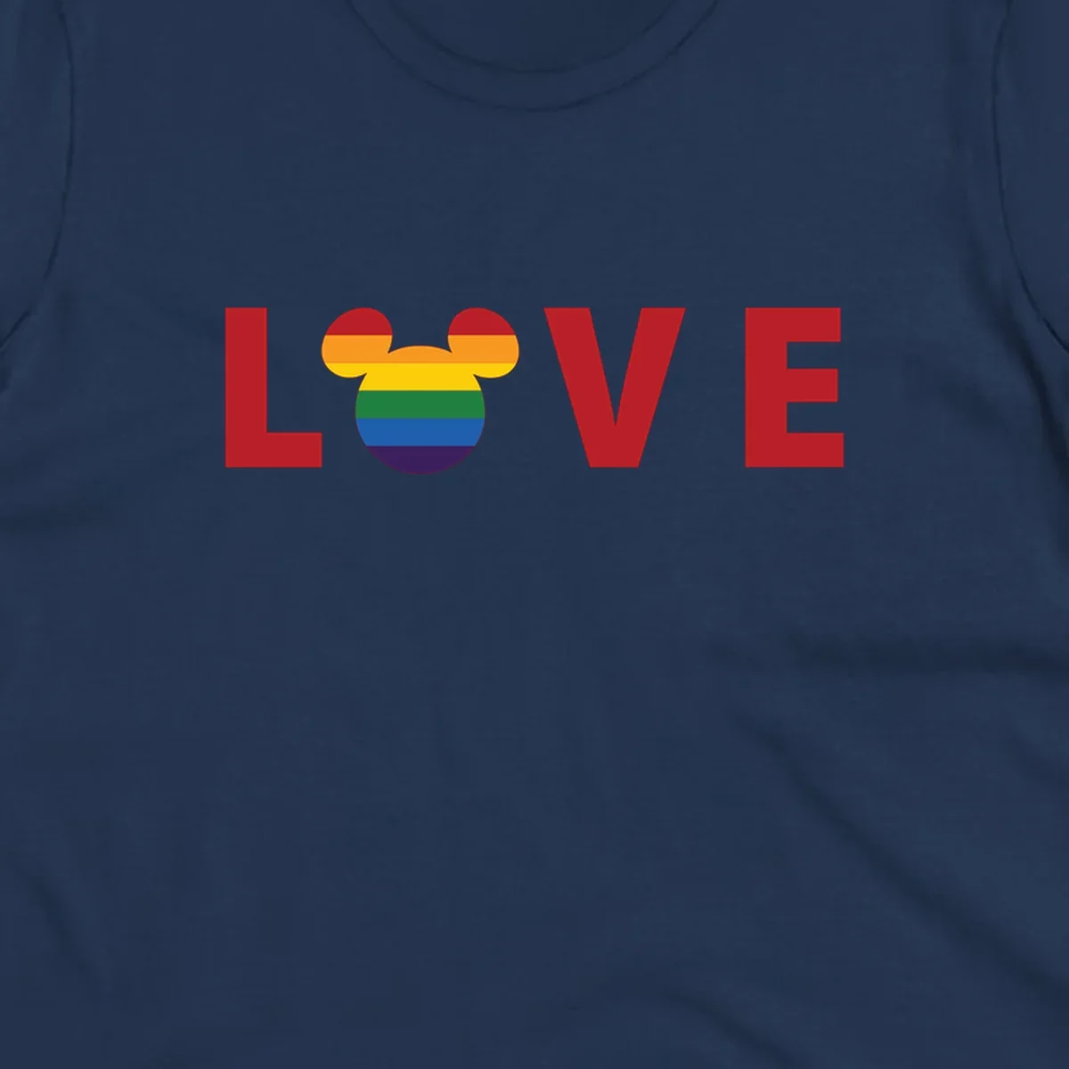 Love pride mouse ears design with rainbow-striped Mickey head icon and colorful pride flag stripes on gray background