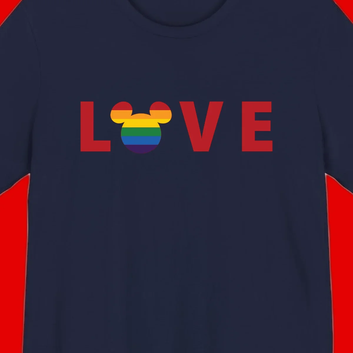 Love pride mouse ears design with rainbow-striped Mickey head icon and colorful pride flag stripes on gray background