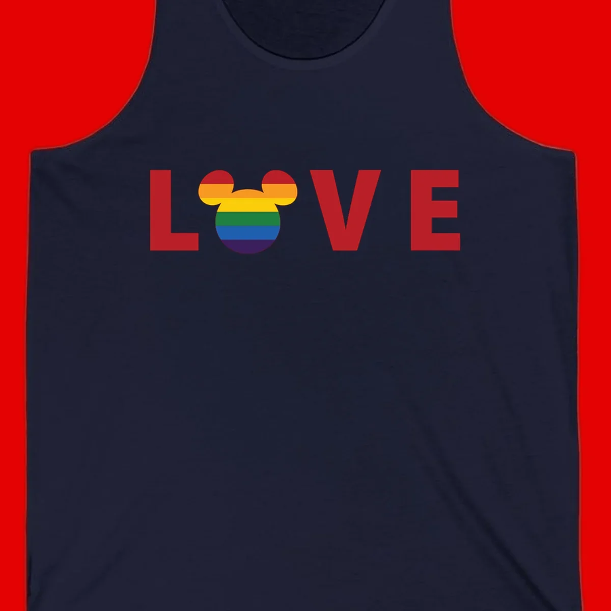 Love pride mouse ears design with rainbow-striped Mickey head icon and colorful pride flag stripes on gray background
