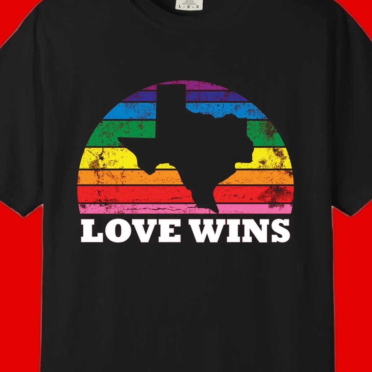 Two human head silhouettes in profile filled with rainbow horizontal stripes, with 'Love Wins' text below