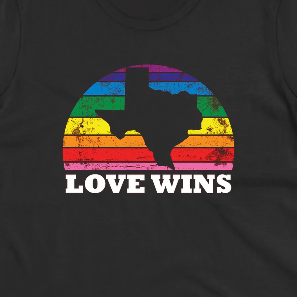 Two human head silhouettes in profile filled with rainbow horizontal stripes, with 'Love Wins' text below