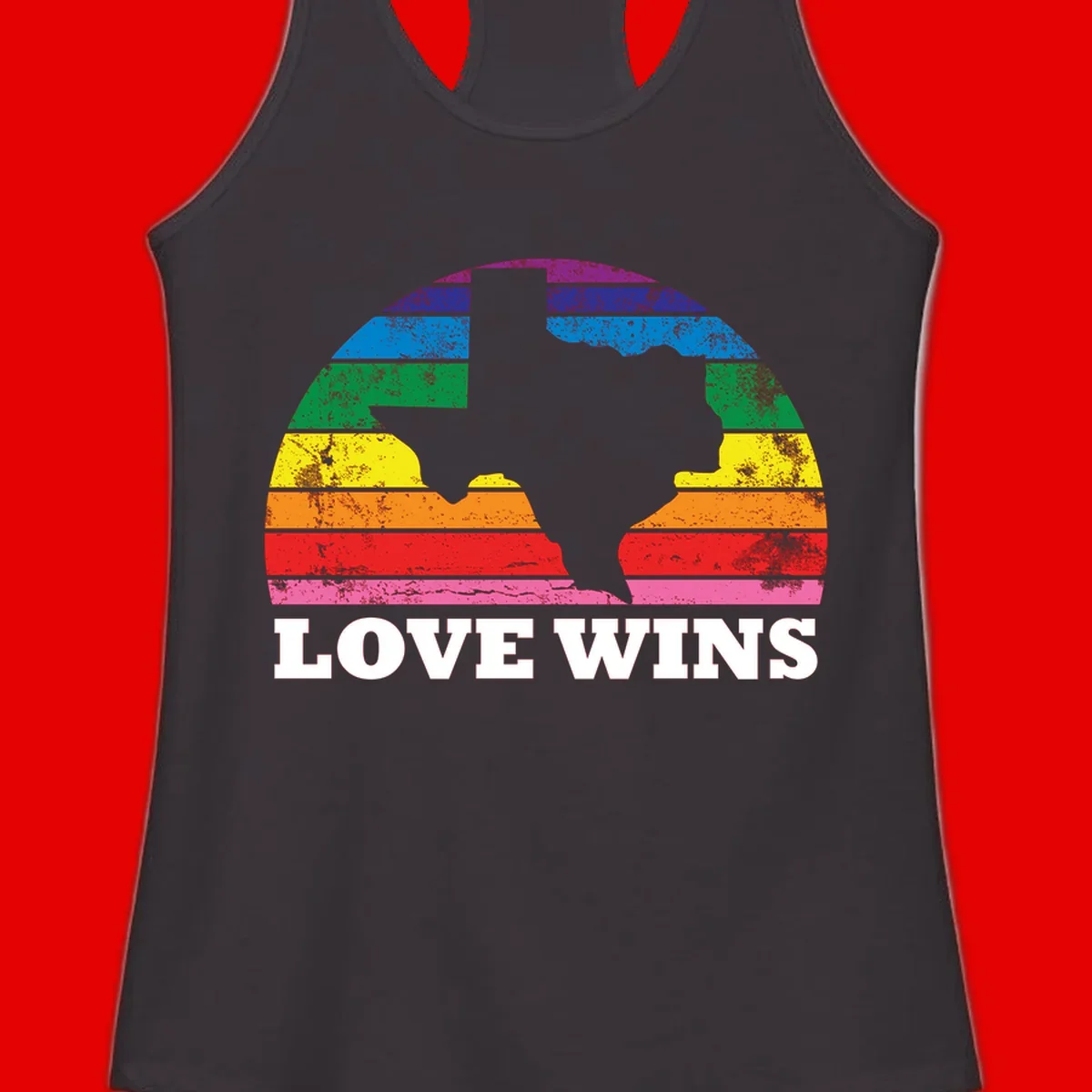 Two human head silhouettes in profile filled with rainbow horizontal stripes, with 'Love Wins' text below