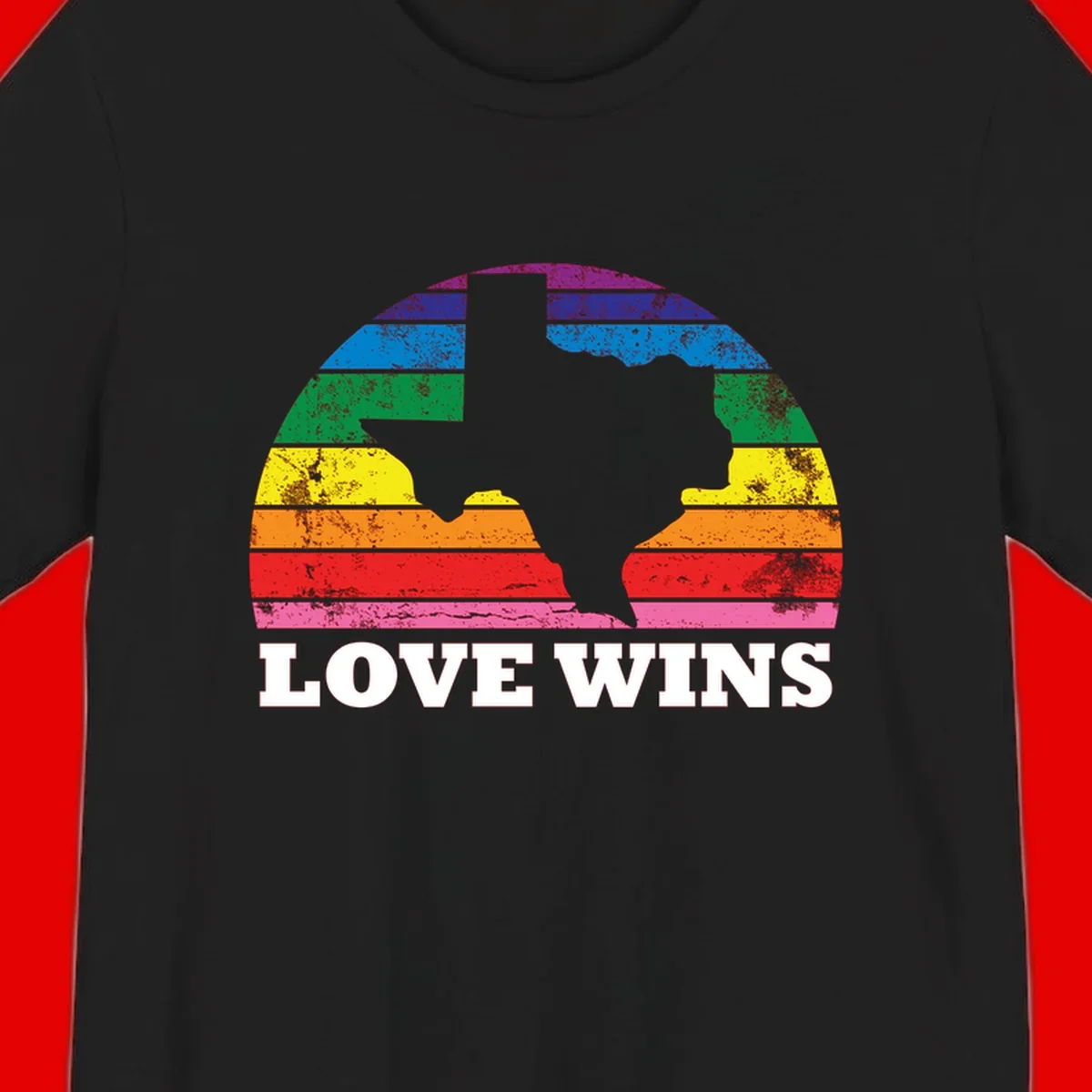 Two human head silhouettes in profile filled with rainbow horizontal stripes, with 'Love Wins' text below