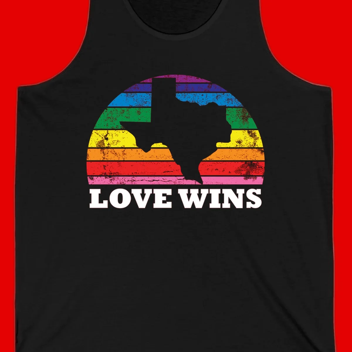 Two human head silhouettes in profile filled with rainbow horizontal stripes, with 'Love Wins' text below