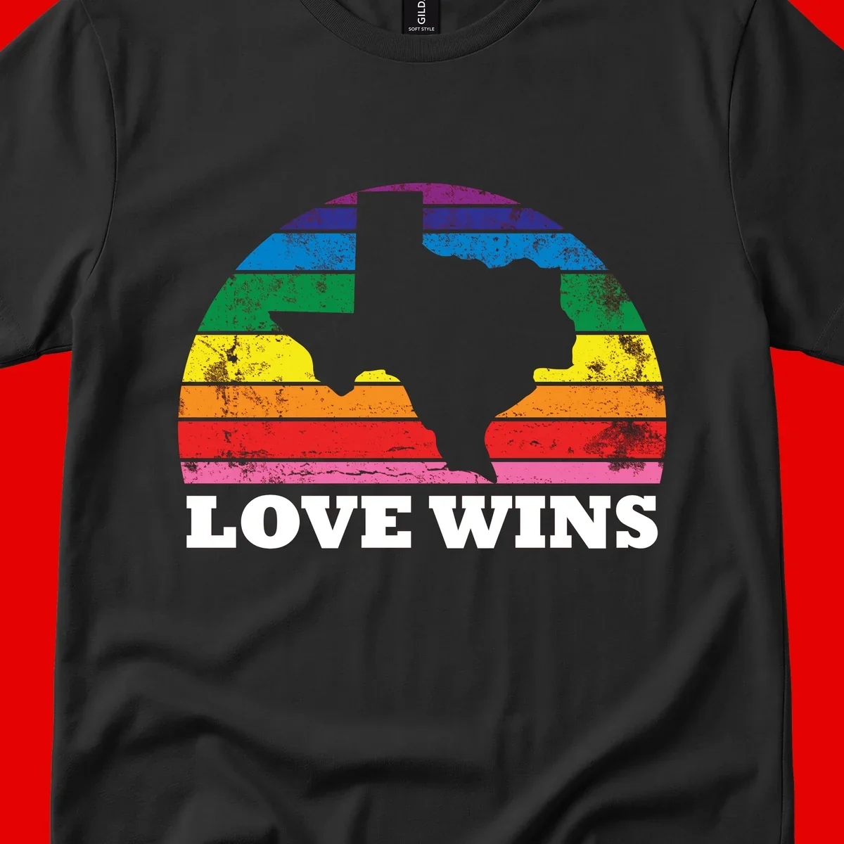 Two human head silhouettes in profile filled with rainbow horizontal stripes, with 'Love Wins' text below